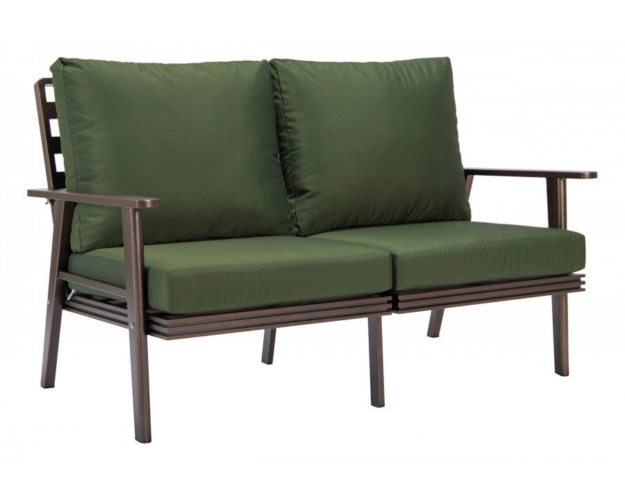 LeisureMod Walbrooke Modern Outdoor Patio Loveseat with Brown Aluminum Frame and Removable Cushions - Green