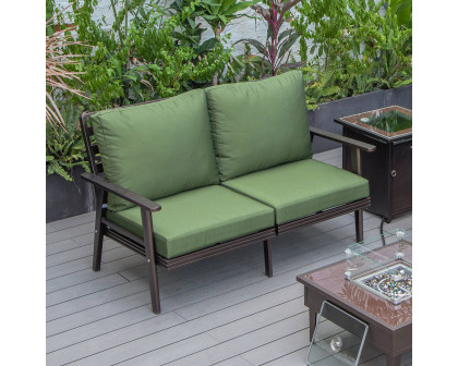 LeisureMod Walbrooke Modern Outdoor Patio Loveseat with Brown Aluminum Frame and Removable Cushions - Green