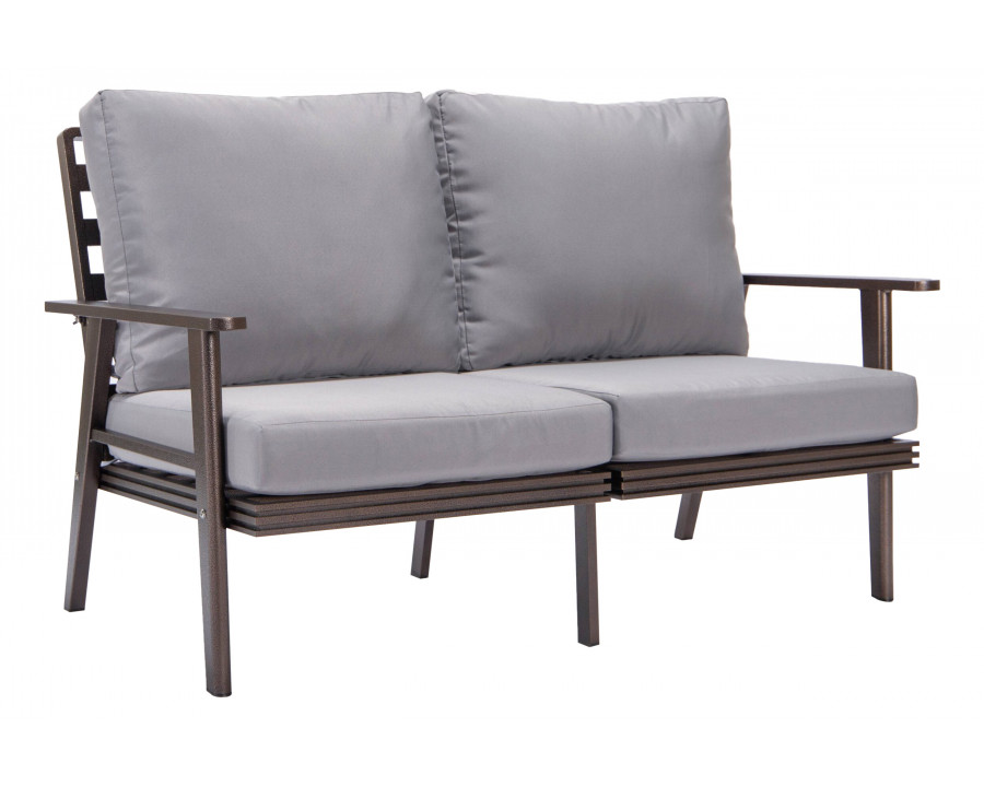 LeisureMod Walbrooke Modern Outdoor Patio Loveseat with Brown Aluminum Frame and Removable Cushions - Gray