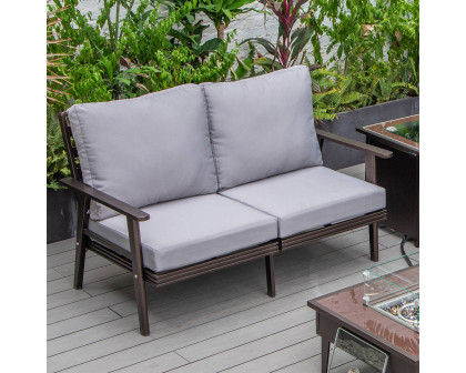 LeisureMod Walbrooke Modern Outdoor Patio Loveseat with Brown Aluminum Frame and Removable Cushions - Gray