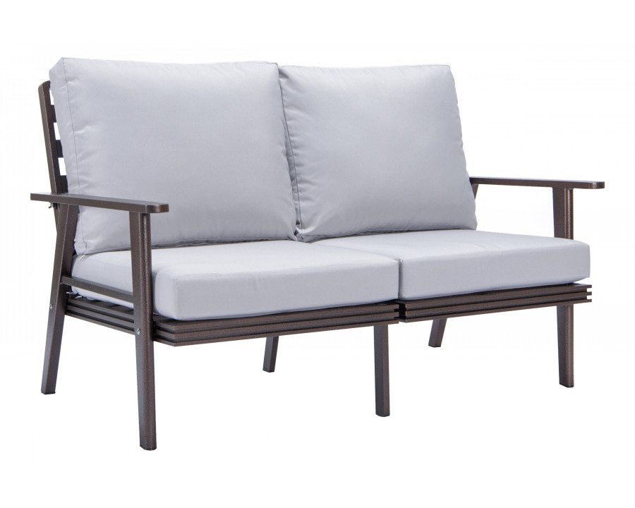 LeisureMod Walbrooke Modern Outdoor Patio Loveseat with Brown Aluminum Frame and Removable Cushions - Light Gray