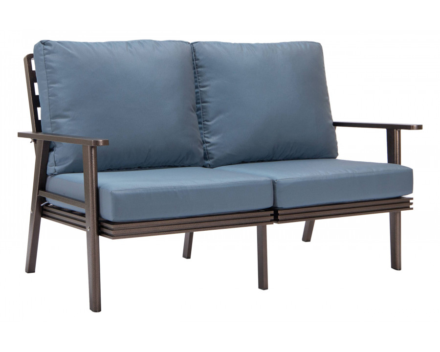 LeisureMod Walbrooke Modern Outdoor Patio Loveseat with Brown Aluminum Frame and Removable Cushions - Navy Blue