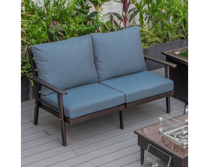 LeisureMod Walbrooke Modern Outdoor Patio Loveseat with Brown Aluminum Frame and Removable Cushions - Navy Blue