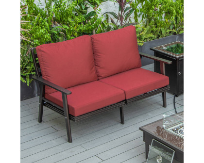 LeisureMod Walbrooke Modern Outdoor Patio Loveseat with Brown Aluminum Frame and Removable Cushions - Red