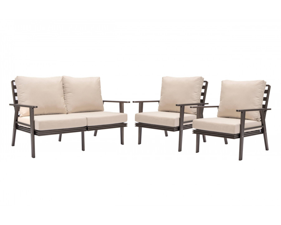 LeisureMod Walbrooke Modern 3-Piece Outdoor Patio Set with Brown Aluminum Frame - Beige