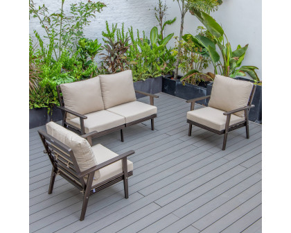 LeisureMod Walbrooke Modern 3-Piece Outdoor Patio Set with Brown Aluminum Frame - Beige