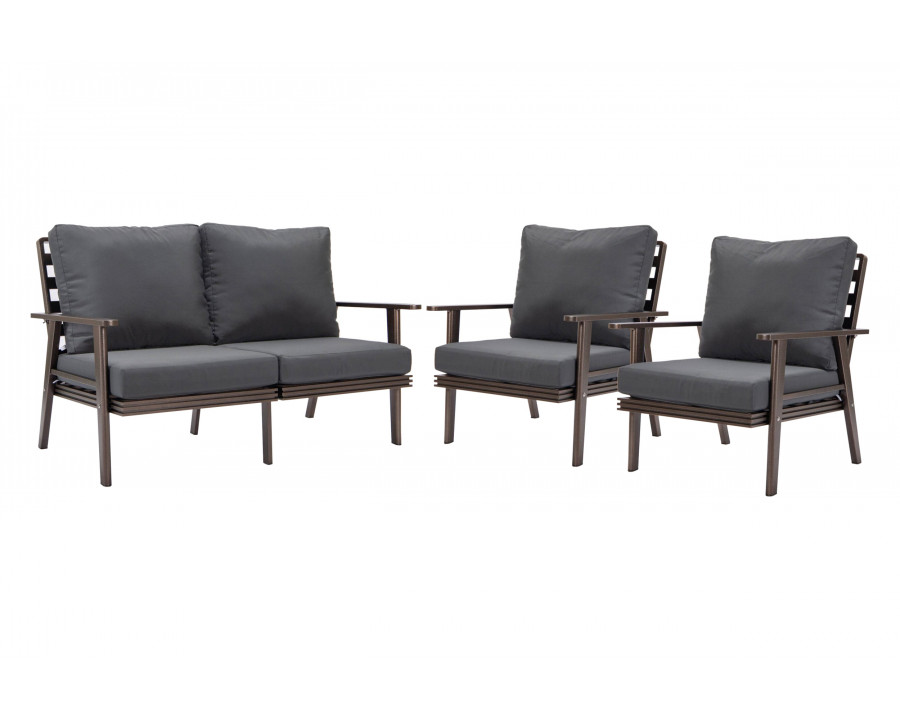 LeisureMod Walbrooke Modern 3-Piece Outdoor Patio Set with Brown Aluminum Frame - Charcoal