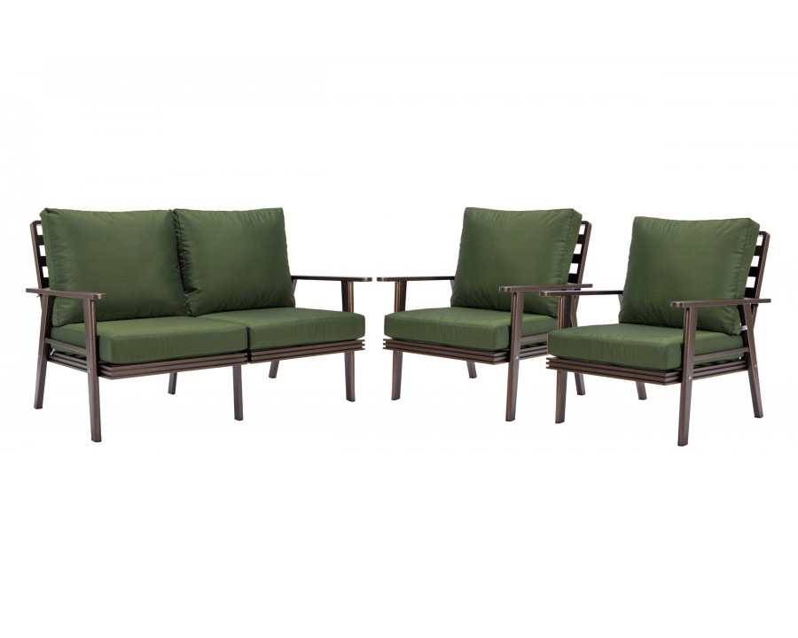 LeisureMod Walbrooke Modern 3-Piece Outdoor Patio Set with Brown Aluminum Frame - Green