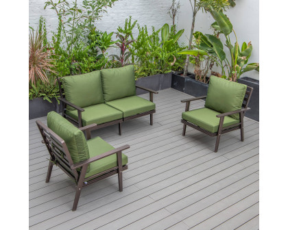 LeisureMod Walbrooke Modern 3-Piece Outdoor Patio Set with Brown Aluminum Frame - Green