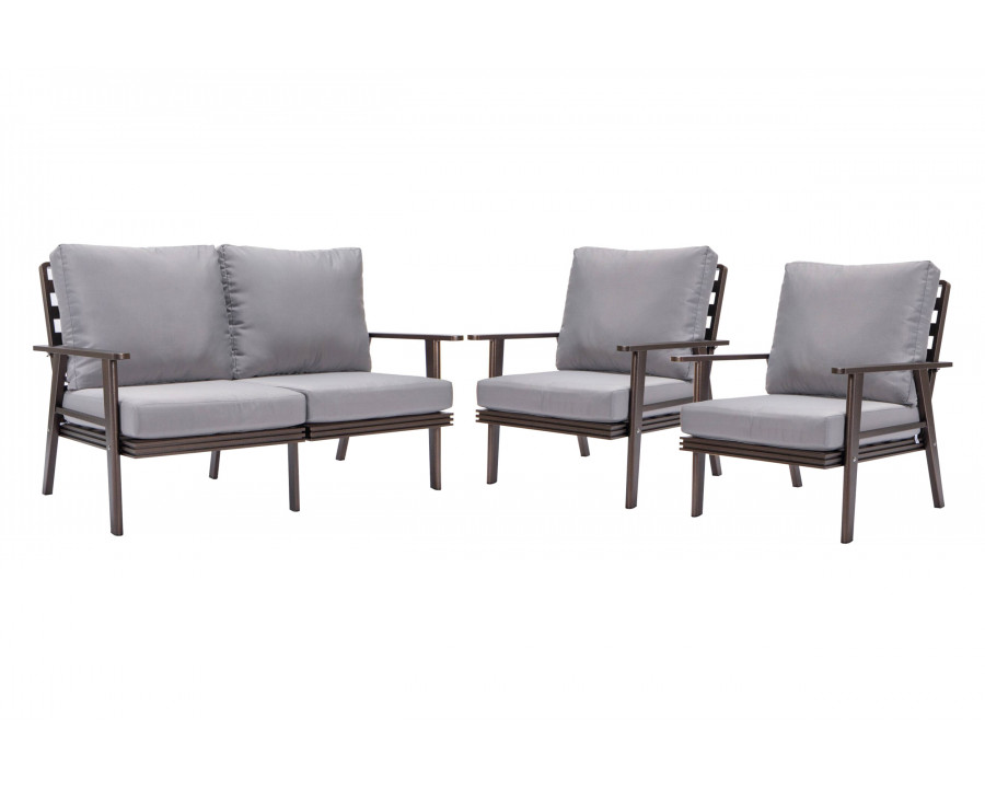 LeisureMod Walbrooke Modern 3-Piece Outdoor Patio Set with Brown Aluminum Frame - Gray