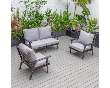 LeisureMod Walbrooke Modern 3-Piece Outdoor Patio Set with Brown Aluminum Frame - Gray