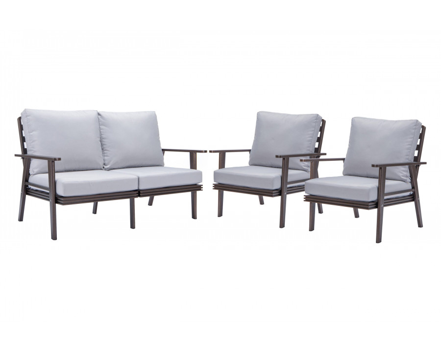 LeisureMod Walbrooke Modern 3-Piece Outdoor Patio Set with Brown Aluminum Frame - Light Gray