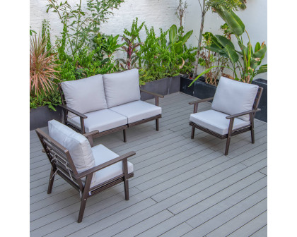 LeisureMod Walbrooke Modern 3-Piece Outdoor Patio Set with Brown Aluminum Frame - Light Gray