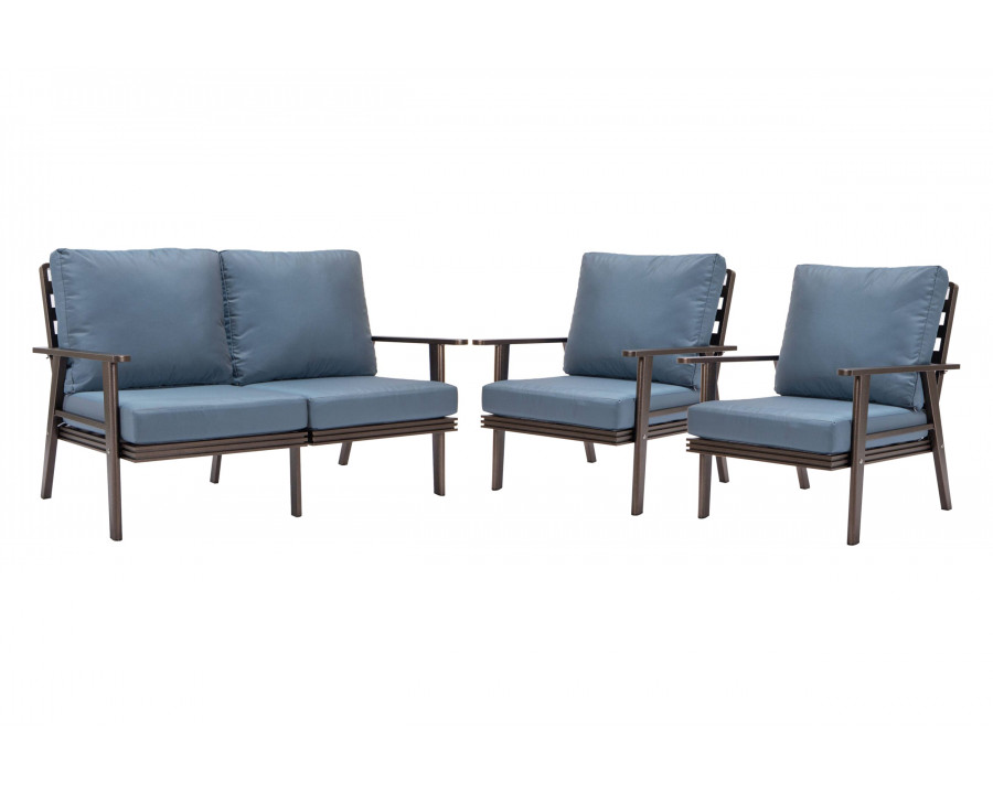 LeisureMod Walbrooke Modern 3-Piece Outdoor Patio Set with Brown Aluminum Frame - Navy Blue