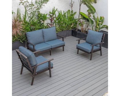 LeisureMod Walbrooke Modern 3-Piece Outdoor Patio Set with Brown Aluminum Frame - Navy Blue