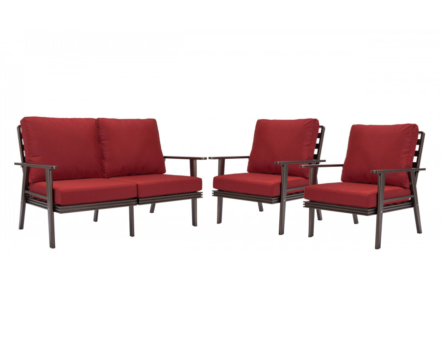 LeisureMod Walbrooke Modern 3-Piece Outdoor Patio Set with Brown Aluminum Frame - Red