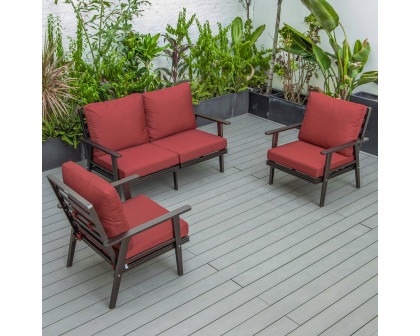 LeisureMod Walbrooke Modern 3-Piece Outdoor Patio Set with Brown Aluminum Frame - Red