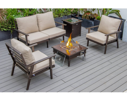 LeisureMod Walbrooke Modern Black Patio Conversation With Square Fire Pit With Slats Design & Tank Holder