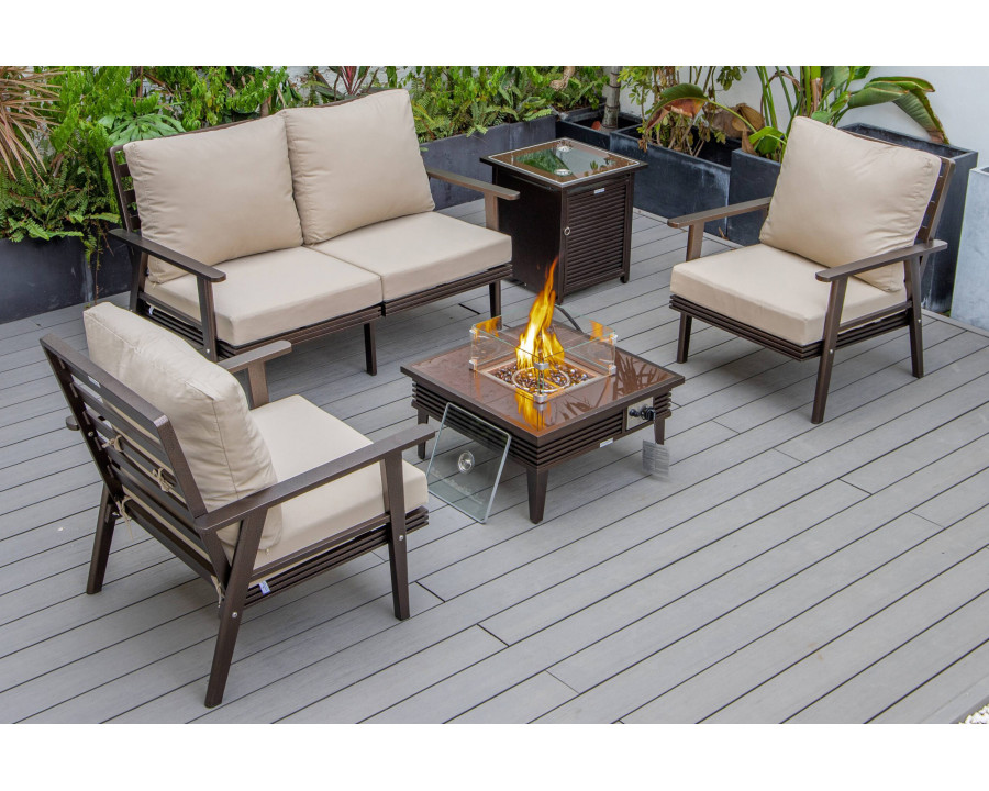 LeisureMod Walbrooke Modern Brown Patio Conversation With Square Fire Pit With Slats Design & Tank Holder - Beige