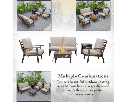 LeisureMod Walbrooke Modern Brown Patio Conversation With Square Fire Pit With Slats Design & Tank Holder - Beige