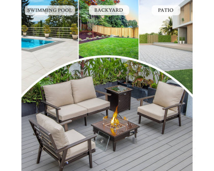 LeisureMod Walbrooke Modern Brown Patio Conversation With Square Fire Pit With Slats Design & Tank Holder - Beige