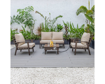 LeisureMod Walbrooke Modern Brown Patio Conversation With Square Fire Pit With Slats Design & Tank Holder - Beige