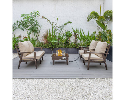 LeisureMod Walbrooke Modern Brown Patio Conversation With Square Fire Pit With Slats Design & Tank Holder - Beige