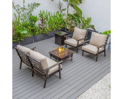 LeisureMod Walbrooke Modern Brown Patio Conversation With Square Fire Pit With Slats Design & Tank Holder - Beige