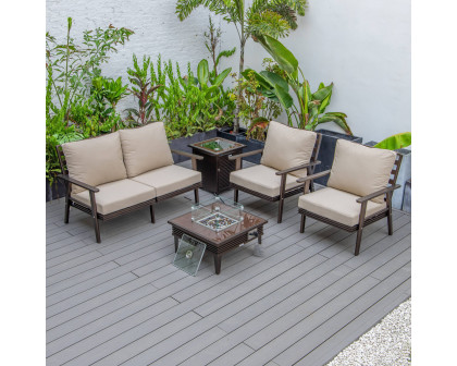 LeisureMod Walbrooke Modern Brown Patio Conversation With Square Fire Pit With Slats Design & Tank Holder - Beige