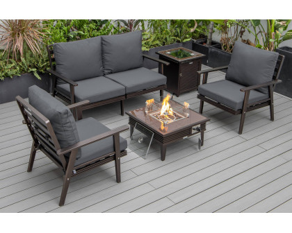 LeisureMod Walbrooke Modern Black Patio Conversation With Square Fire Pit With Slats Design & Tank Holder