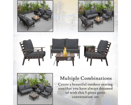 LeisureMod Walbrooke Modern Brown Patio Conversation With Square Fire Pit With Slats Design & Tank Holder - Charcoal