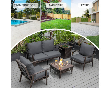 LeisureMod Walbrooke Modern Brown Patio Conversation With Square Fire Pit With Slats Design & Tank Holder - Charcoal