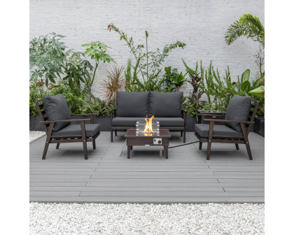 LeisureMod Walbrooke Modern Brown Patio Conversation With Square Fire Pit With Slats Design & Tank Holder - Charcoal