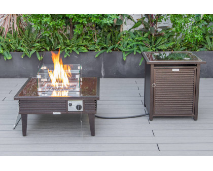 LeisureMod Walbrooke Modern Brown Patio Conversation With Square Fire Pit With Slats Design & Tank Holder - Charcoal