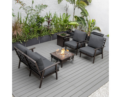 LeisureMod Walbrooke Modern Brown Patio Conversation With Square Fire Pit With Slats Design & Tank Holder - Charcoal