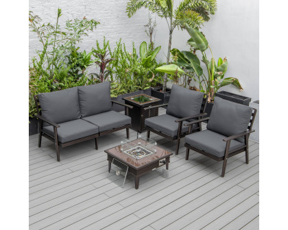 LeisureMod Walbrooke Modern Brown Patio Conversation With Square Fire Pit With Slats Design & Tank Holder - Charcoal