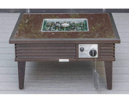 LeisureMod Walbrooke Modern Brown Patio Conversation With Square Fire Pit With Slats Design & Tank Holder - Charcoal