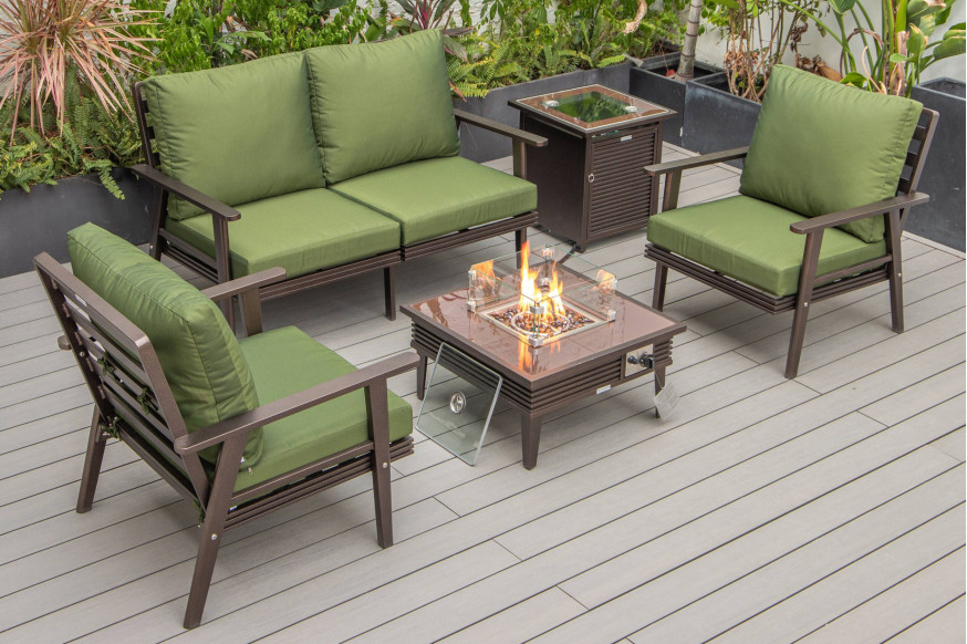 LeisureMod™ Walbrooke Modern Brown Patio Conversation With Square Fire Pit With Slats Design & Tank Holder - Green