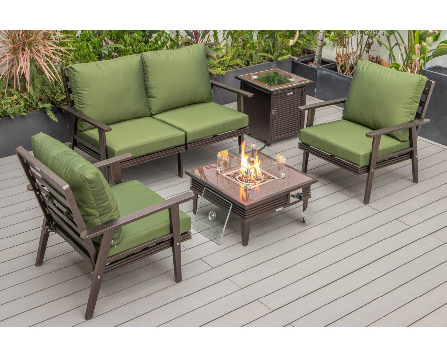 LeisureMod Walbrooke Modern Brown Patio Conversation With Square Fire Pit With Slats Design & Tank Holder - Green