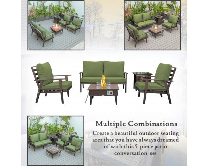 LeisureMod™ Walbrooke Modern Brown Patio Conversation With Square Fire Pit With Slats Design & Tank Holder - Green