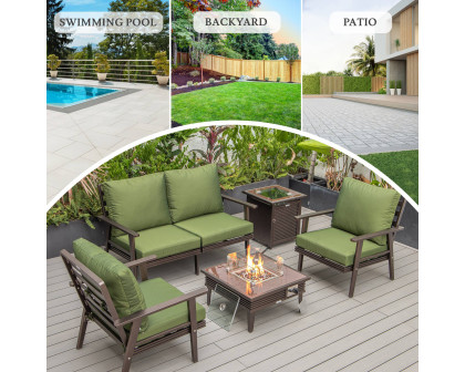 LeisureMod™ Walbrooke Modern Brown Patio Conversation With Square Fire Pit With Slats Design & Tank Holder - Green