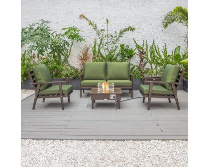 LeisureMod™ Walbrooke Modern Brown Patio Conversation With Square Fire Pit With Slats Design & Tank Holder - Green