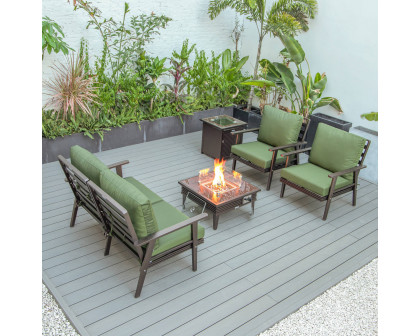 LeisureMod™ Walbrooke Modern Brown Patio Conversation With Square Fire Pit With Slats Design & Tank Holder - Green