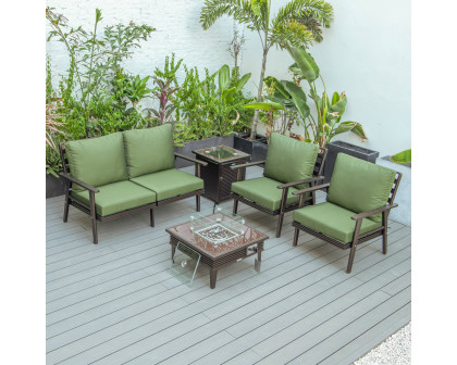 LeisureMod™ Walbrooke Modern Brown Patio Conversation With Square Fire Pit With Slats Design & Tank Holder - Green