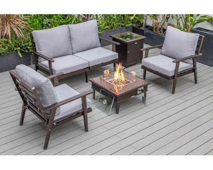 LeisureMod Walbrooke Modern Black Patio Conversation With Square Fire Pit With Slats Design & Tank Holder