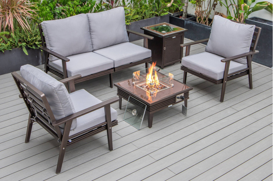 LeisureMod™ Walbrooke Modern Brown Patio Conversation With Square Fire Pit With Slats Design & Tank Holder - Gray