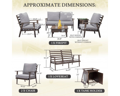 LeisureMod™ Walbrooke Modern Brown Patio Conversation With Square Fire Pit With Slats Design & Tank Holder - Gray