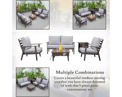 LeisureMod™ Walbrooke Modern Brown Patio Conversation With Square Fire Pit With Slats Design & Tank Holder - Gray