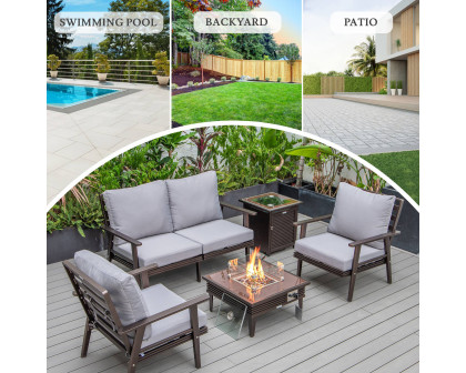 LeisureMod™ Walbrooke Modern Brown Patio Conversation With Square Fire Pit With Slats Design & Tank Holder - Gray