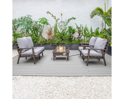 LeisureMod™ Walbrooke Modern Brown Patio Conversation With Square Fire Pit With Slats Design & Tank Holder - Gray